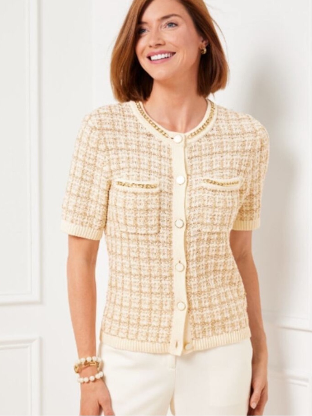 Talbots Tweed Short Sleeve Button Up Sweater with Chain Detail Size S